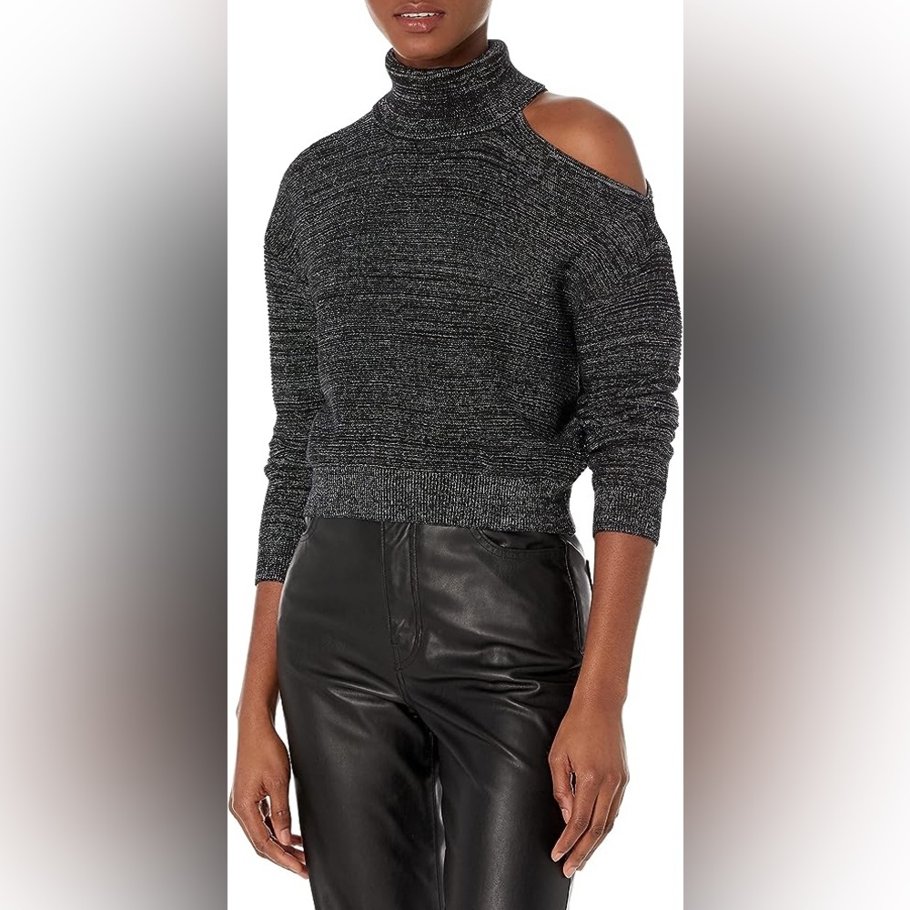 NWT BCBGeneration Long Sleeve Black Metallic Thread Turtle Neck Shoulder Cut Out